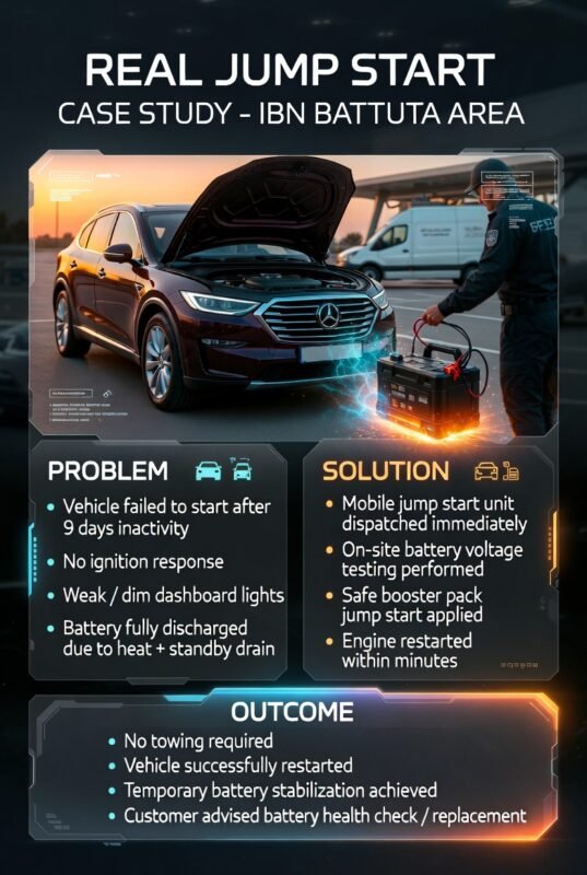 Mobile jump start service at Ibn Battuta Area showing technician connecting booster pack to dead car battery with infographic layout explaining problem, solution, and outcome of real roadside assistance case study.