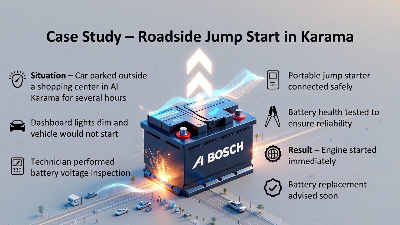 Infographic illustrating a roadside jump start case study in Karama with title at the top, situation and actions on sides, and a glowing premium car battery in the center.