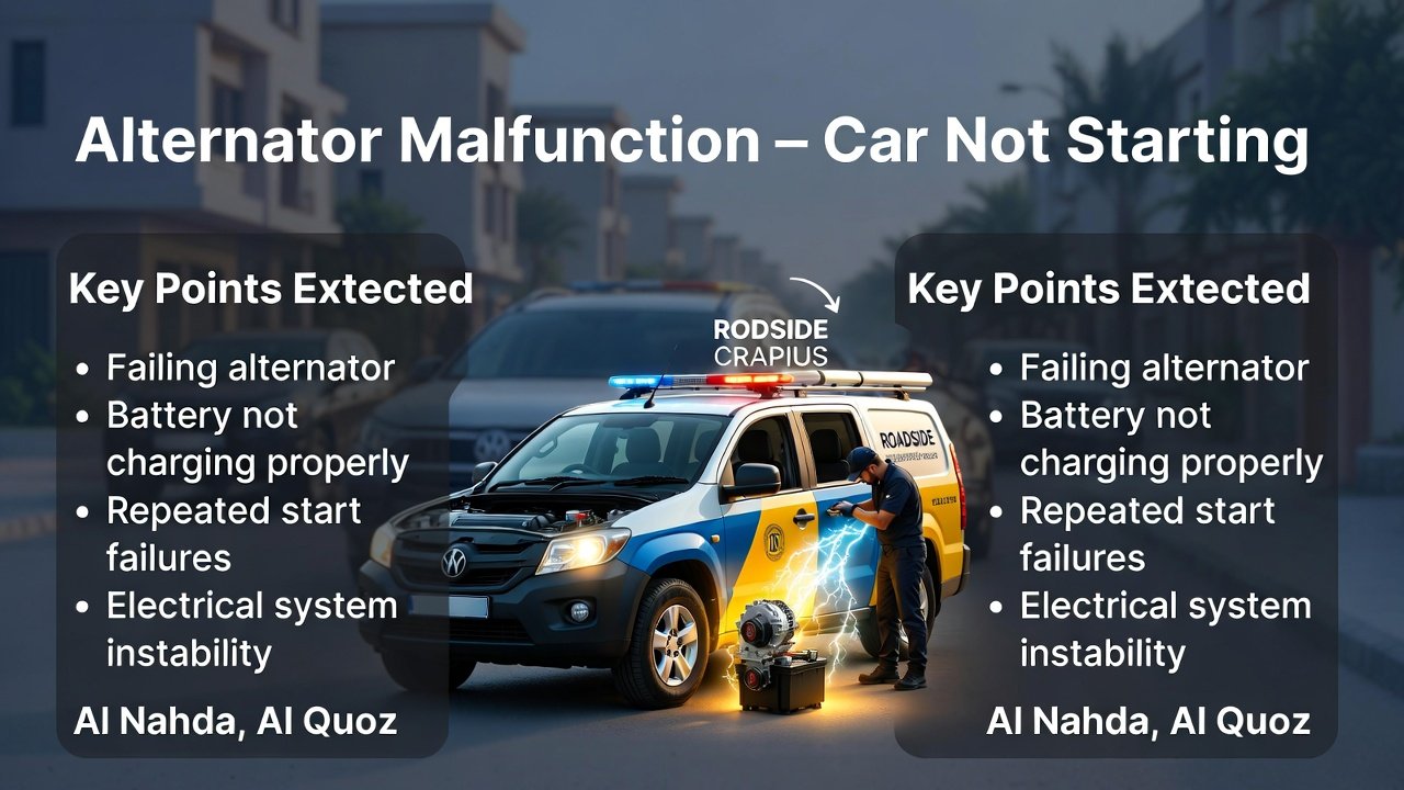 “Alternator malfunction guide cover showing battery not charging and repeated starting problems on sides, with branded roadside assistance vehicle and technician inspecting engine in center, animated professional style.”
