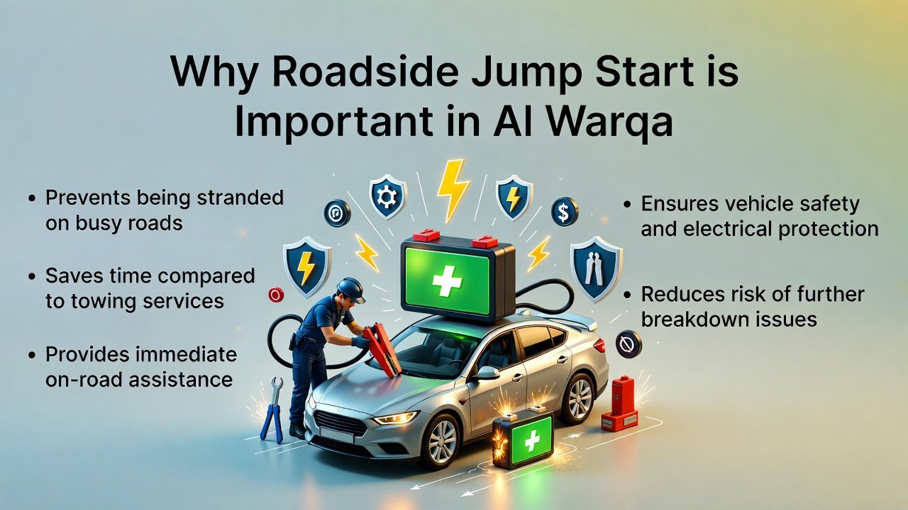 "Infographic showing why roadside jump start is important in Al Warqa, with title on top, key benefits on both sides, and animated central car illustration with technician performing a jump start."