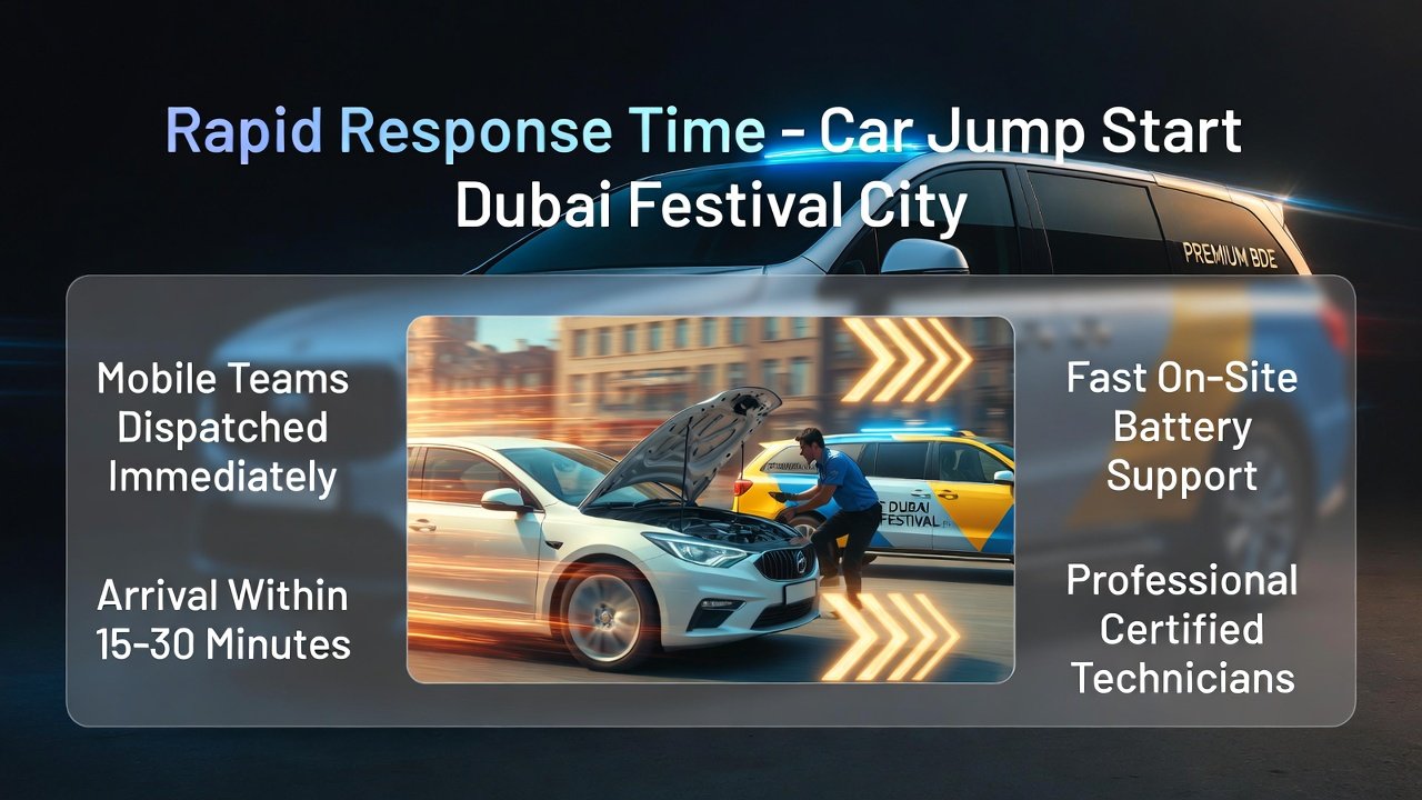 Technician quickly arriving in a service vehicle to perform a jump start in Dubai Festival City with key service benefits highlighted on sides