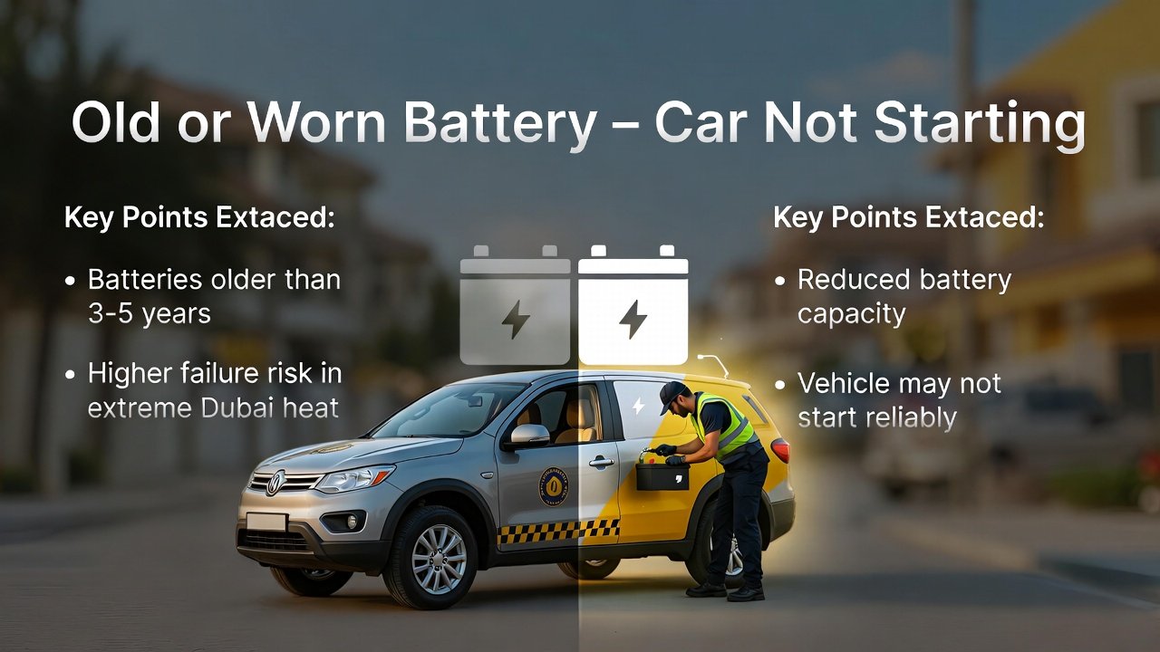 “Old or worn battery guide cover showing battery failure risk in vehicles older than 3–5 years and extreme heat on sides, with branded roadside assistance vehicle performing battery replacement in center, animated professional style.”