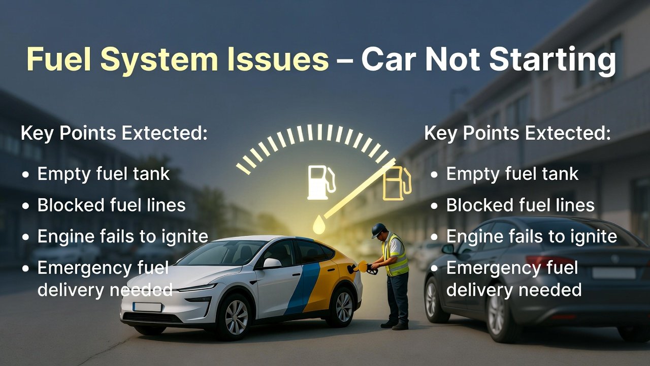 “Fuel system issues guide cover showing empty fuel tank and blocked fuel lines on sides, with branded roadside assistance vehicle and technician providing fuel in center, animated professional style.”