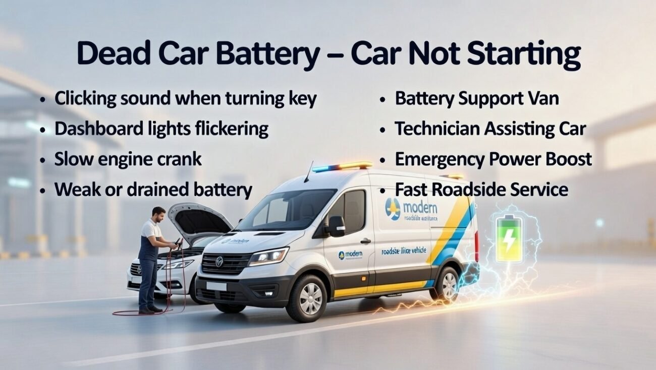 “Dead car battery guide cover showing clicking sound, dashboard flickering, and slow engine crank as warning signs on sides, with branded roadside assistance vehicle in center, animated professional style.”