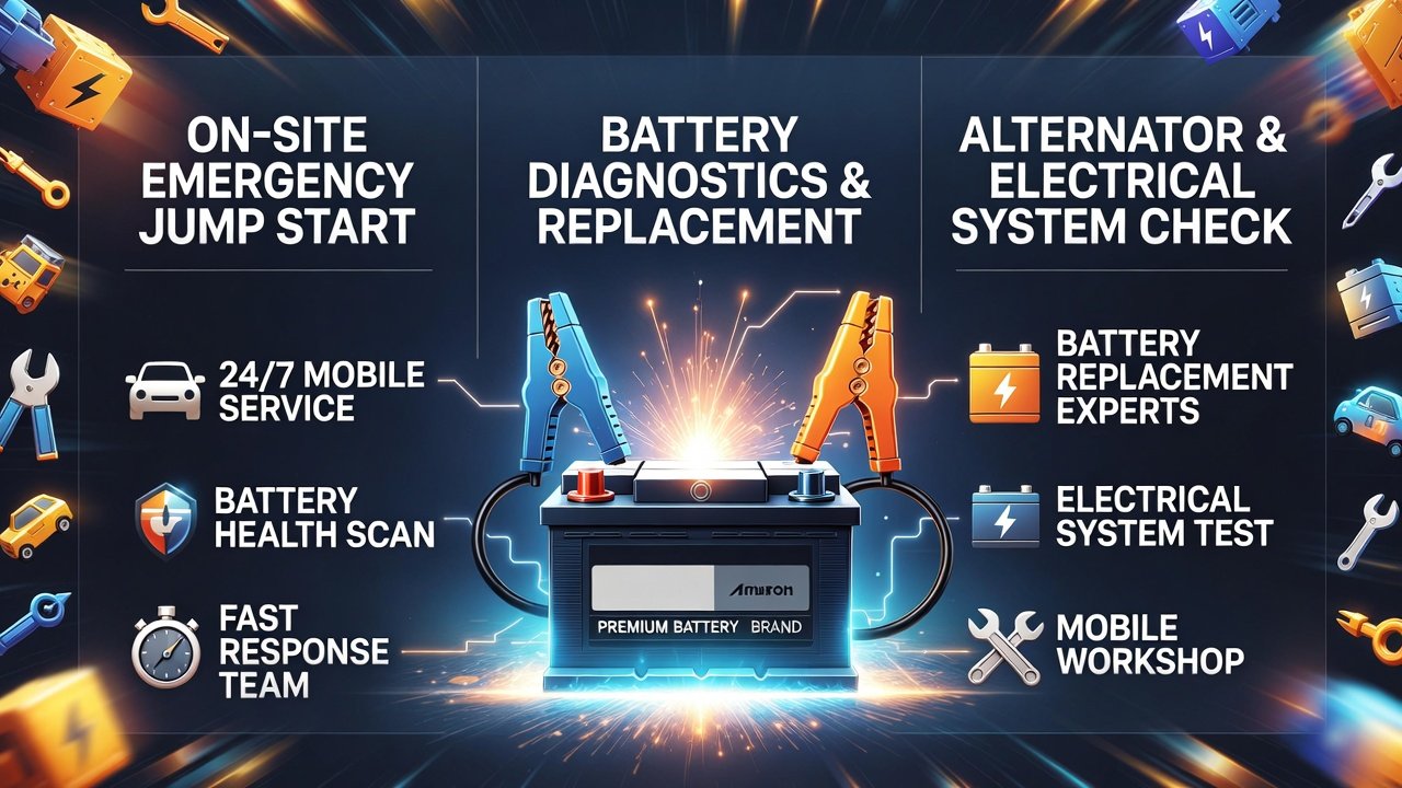 “Animated infographic showing Al Rigga Deira mobile services for car jump start, with title at the top, key service points on sides, and premium battery illustration in the center.”