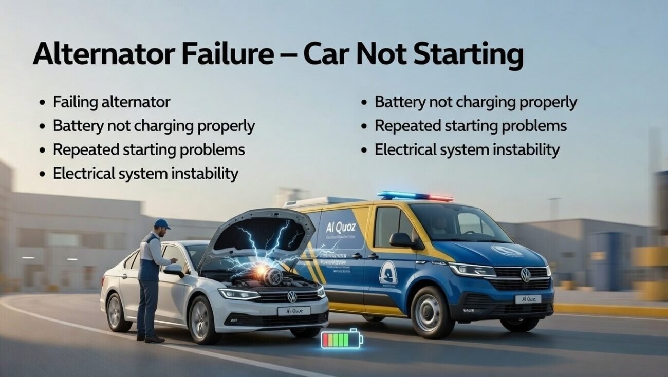 “Alternator failure guide cover showing battery not charging and repeated starting problems on sides, with branded roadside assistance vehicle and technician inspecting engine in center, animated professional style.”