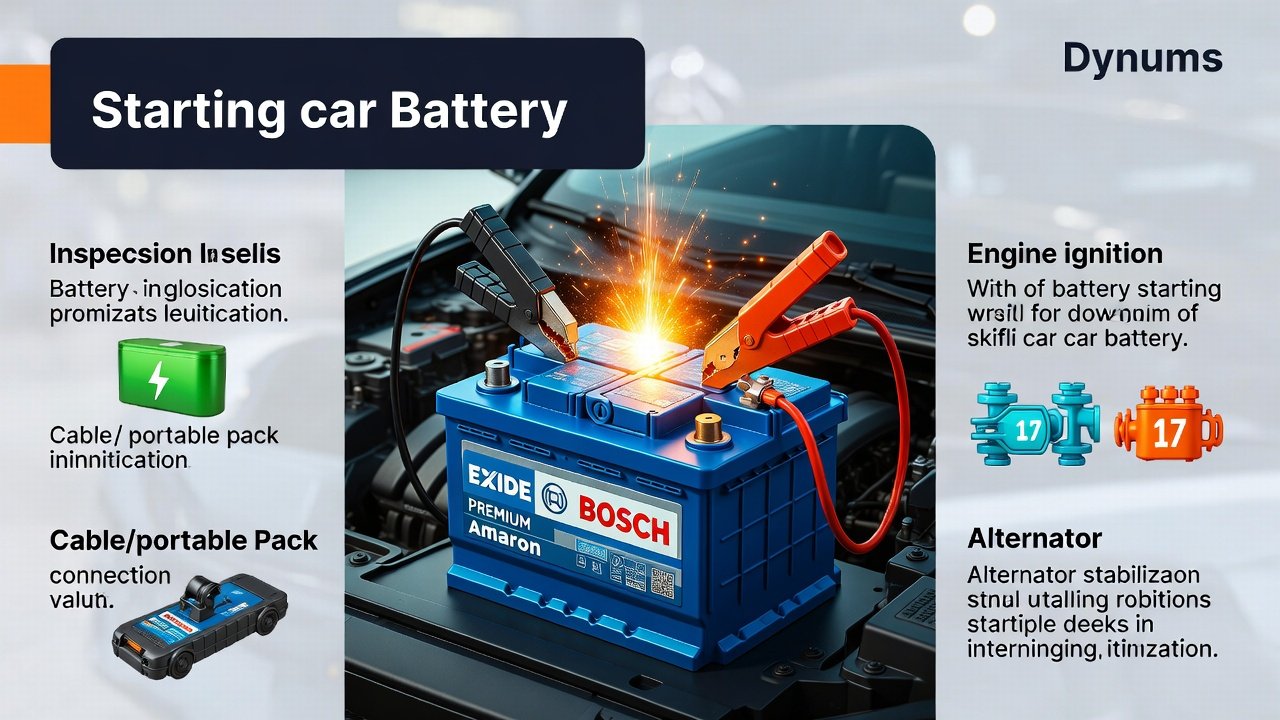 “Infographic showing step-by-step emergency jump start Oud Metha process, with title on top, key steps as bullet points on sides, and premium battery illustration in the center.”