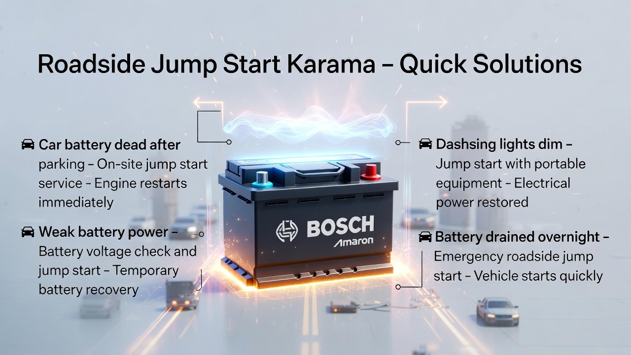 Infographic showing roadside jump start solutions in Karama with title at the top, battery problem and solution points on both sides, and a glowing premium car battery in the center.