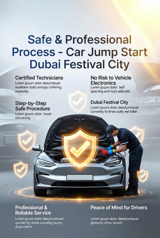 Technician safely performing a car jump start in Dubai Festival City with protective icons and key service benefits highlighted on sides