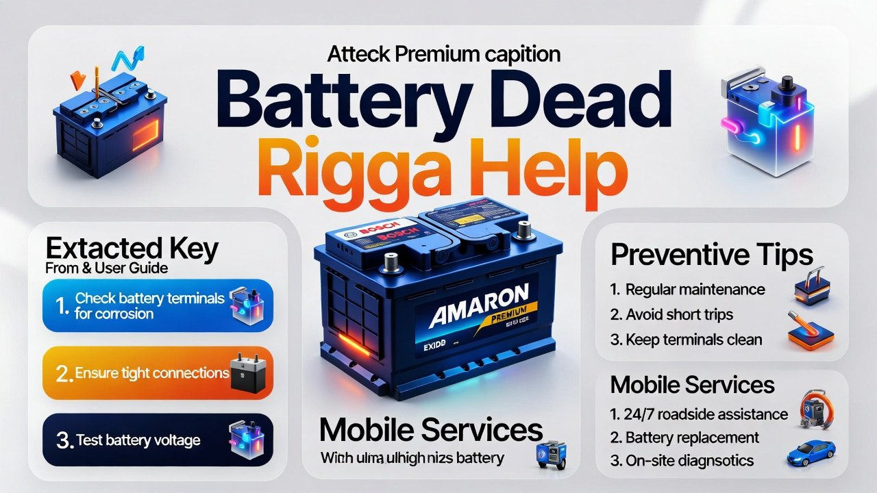 "Battery Dead Rigga Help user guide infographic showing title on top, key points as side bullets, and premium car battery in the center with animated infographic style."