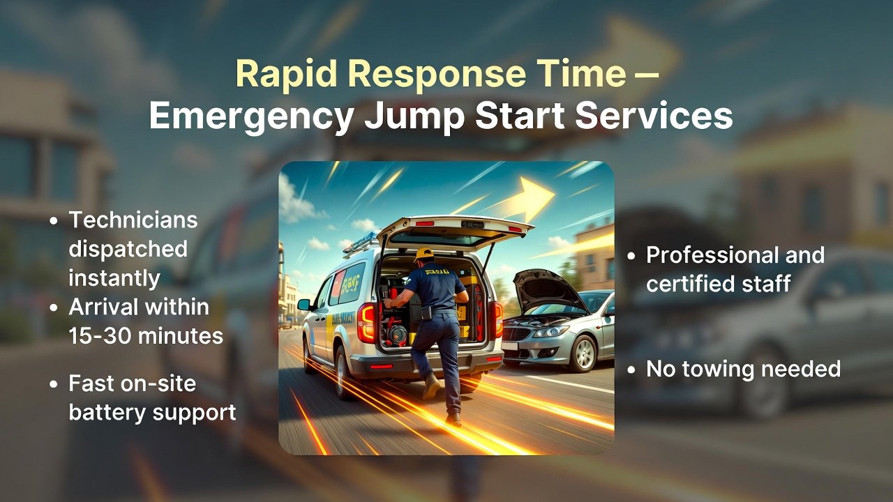 Emergency jump start technician rushing to a car with speed icons and key service benefits highlighted on the sides