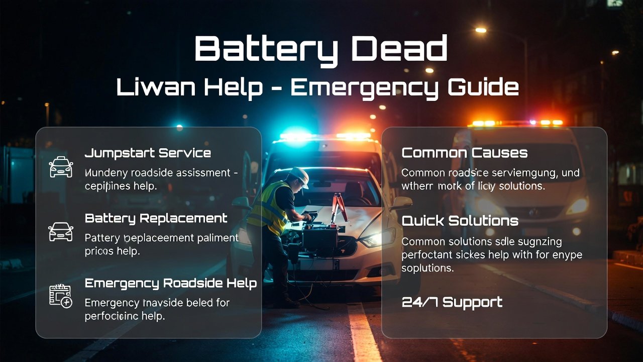 Emergency Battery Dead Liwan Help feature image showing a car breakdown at night with a mobile mechanic performing jumpstart service and key solution points displayed on sides.
