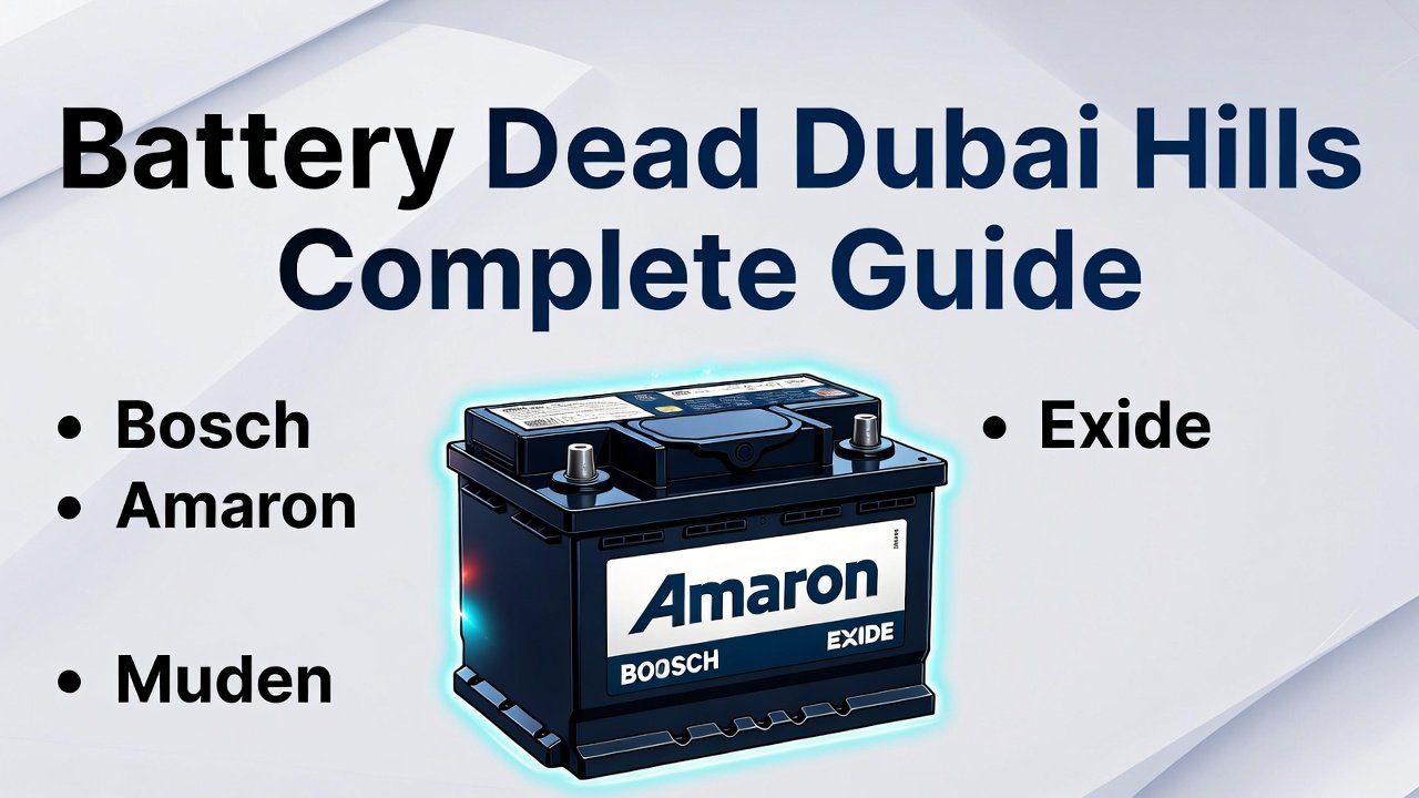 “Battery Dead Dubai Hills guide infographic with title, tips, and central car battery illustration for emergency solutions.”