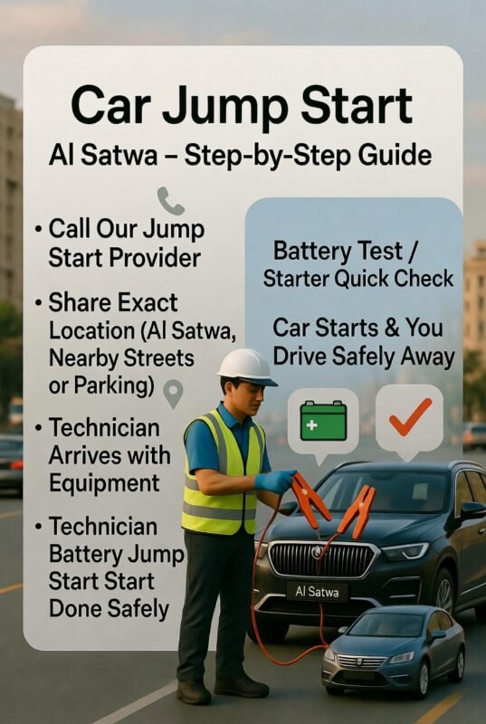 "Infographic showing Car Jump Start Al Satwa – Step‑by‑Step Guide with title at top, key steps as side bullets, and animated-style roadside assistance technician performing a jump start on a luxury SUV in Al Satwa with icons for phone call, GPS, jump cables, battery, starter check, and safe driving."