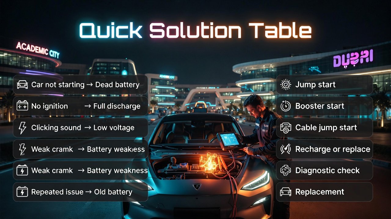 Infographic table showing quick solutions for battery dead Academic City help including problems, causes, and fixes.