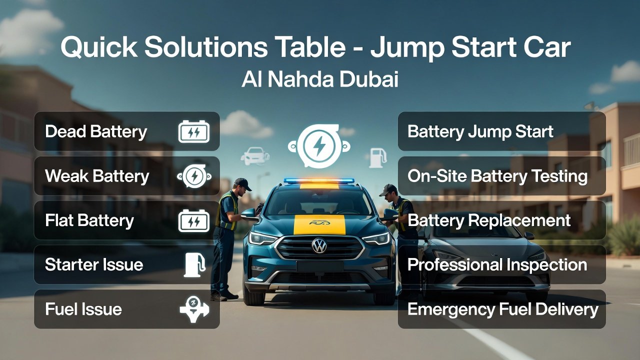 “Quick solutions table for Jump Start Car Al Nahda Dubai showing common car issues and their on-site solutions on sides, with branded roadside assistance vehicle in center, animated professional style.”