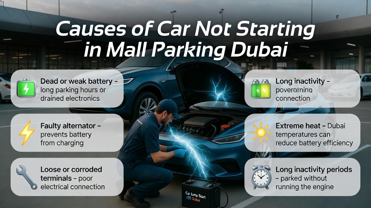 Infographic showing a luxury SUV or sedan in a Dubai mall parking lot with a technician examining the battery, animated electricity effects, and side panels listing causes of car not starting.