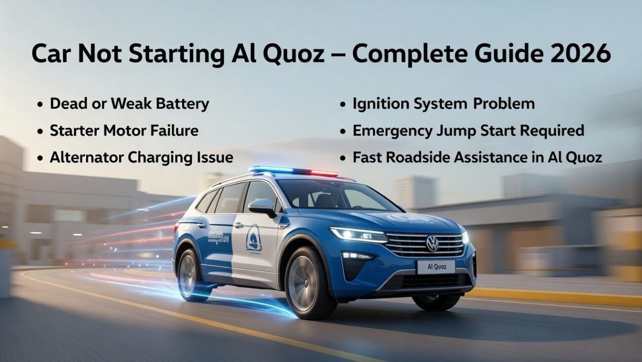 “Car Not Starting Al Quoz guide cover showing main causes like dead battery and starter failure on sides, with a modern branded roadside assistance vehicle in center, animated professional design.”