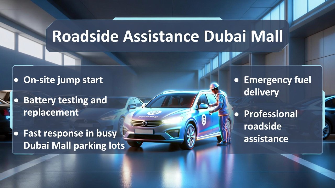 “Feature image showing top title, central roadside assistance vehicle or technician, and key service points on sides in clean, animated style.”