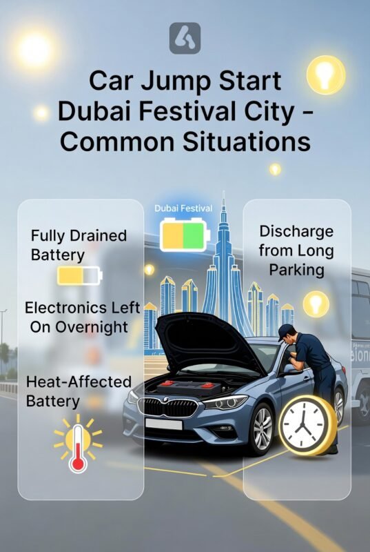 Technician examining a car battery in Dubai Festival City with icons showing drained battery, electronics on, heat, and long parking discharge