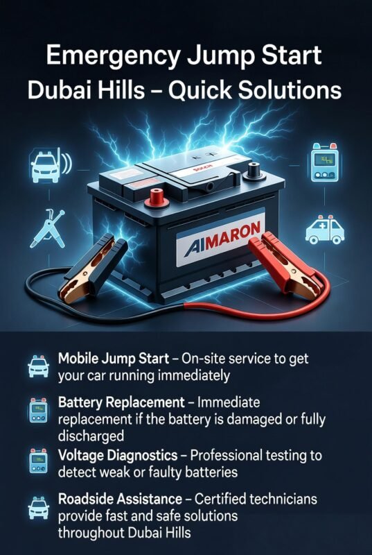 Emergency jump start Dubai Hills solutions infographic showing title at top, service solutions on sides, and central premium car battery with jump start cables.