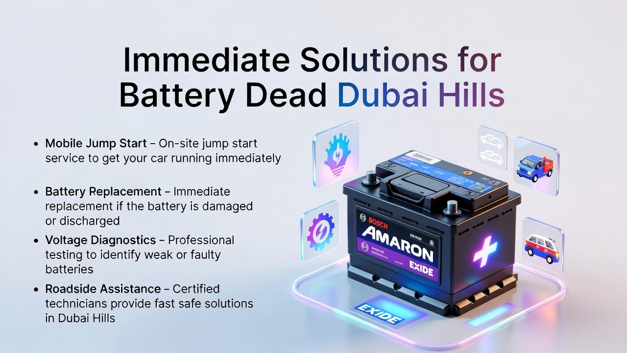 “Infographic showing Immediate Solutions for Battery Dead Dubai Hills with title on top, solution bullet points on sides, and central premium battery illustration with animated effects.”