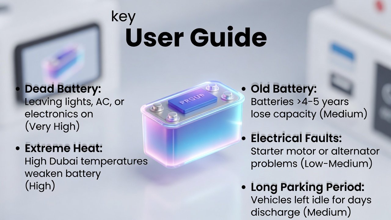 "High-quality user guide illustration showing the title at the top, animated premium car in the center, and key emergency jump start reasons displayed on both sides in bullet points."