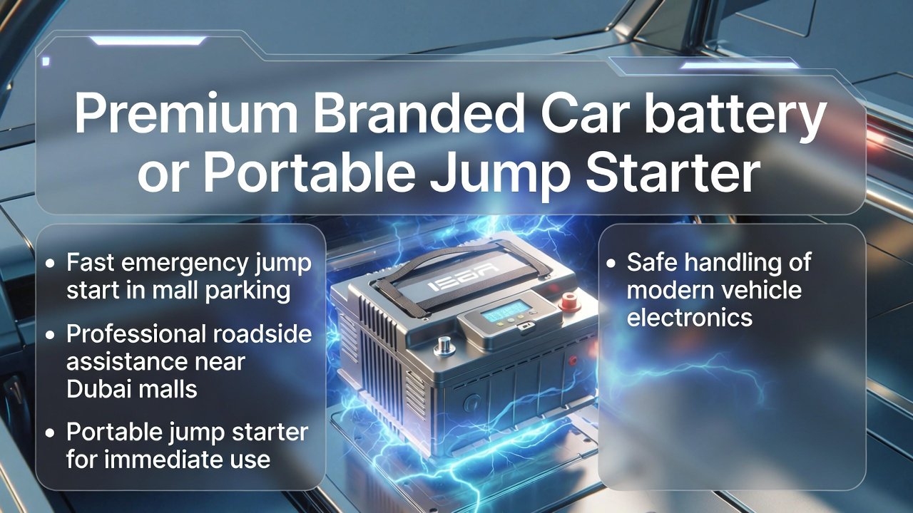 “Feature image showing top title, professional car battery or jump starter in the center, and key emergency jump start points on both sides in clean, animated style.”