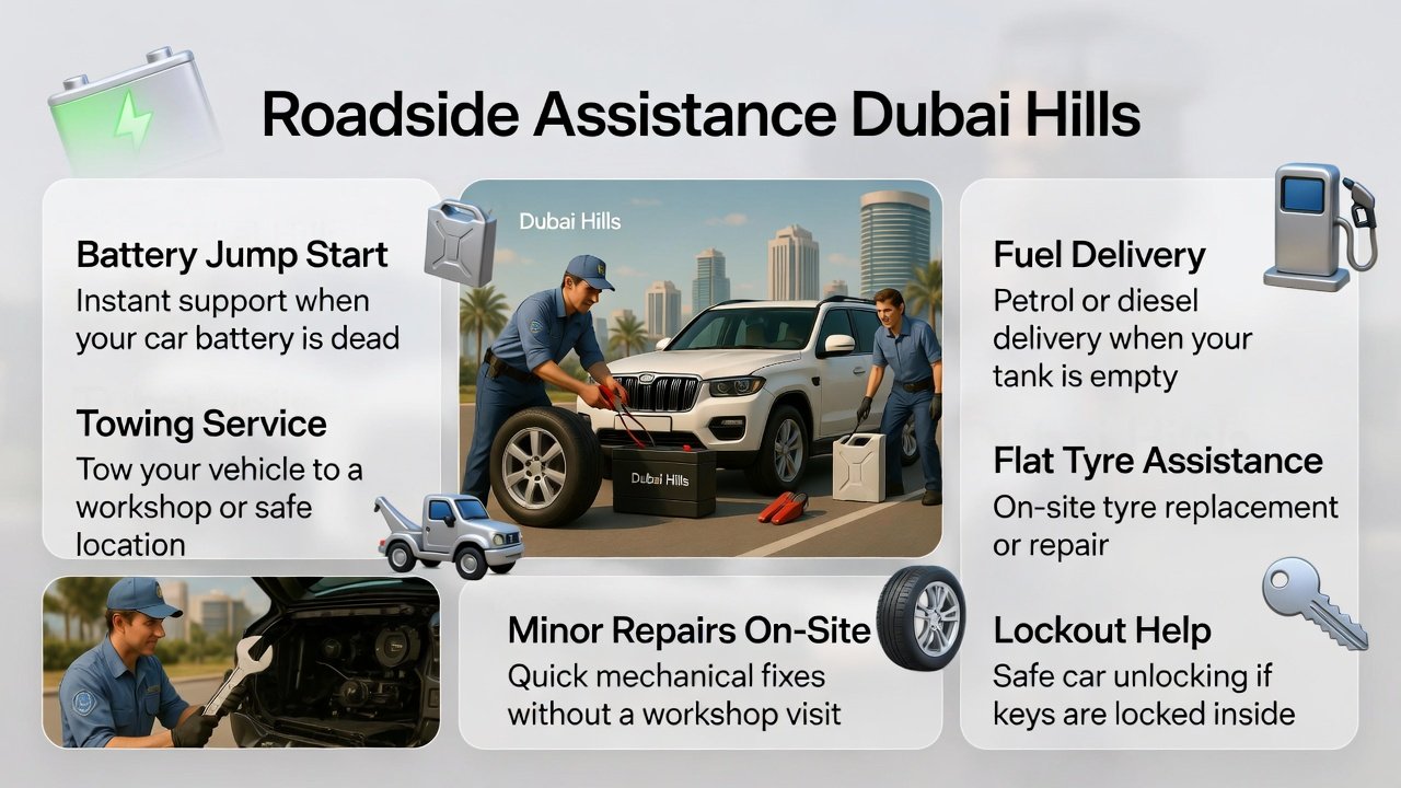 "Roadside Assistance Dubai Hills user guide infographic showing title at top, main services as bullet points along the sides, and animated-style professional team assisting a luxury SUV in the center with branded tools."