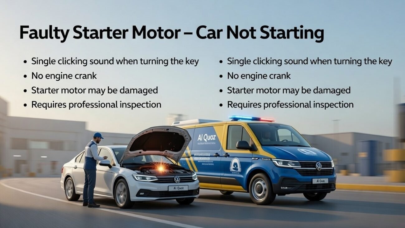“Faulty starter motor guide cover showing single clicking sound and no engine crank symptoms on sides, with branded roadside assistance vehicle and technician in center, animated professional style.”