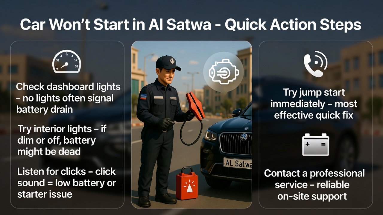 "Infographic showing Car Won’t Start in Al Satwa – Quick Action Steps with title at top, actionable steps as side bullets, and animated-style roadside assistance technician jump-starting a luxury SUV in Al Satwa with icons for dashboard, interior lights, starter, battery, jump cables, and emergency call."