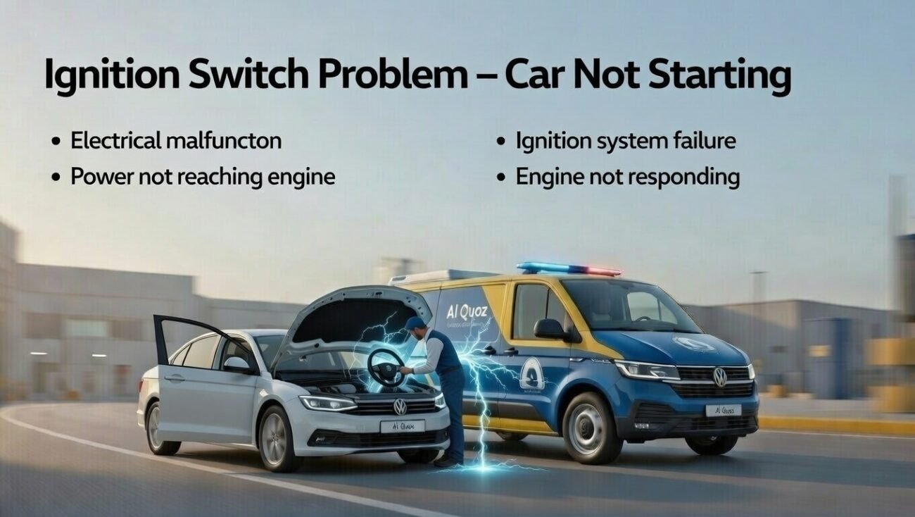“Ignition switch problem guide cover showing electrical malfunction and power not reaching engine on sides, with branded roadside assistance vehicle and technician inspecting ignition system in center, animated professional style.”
