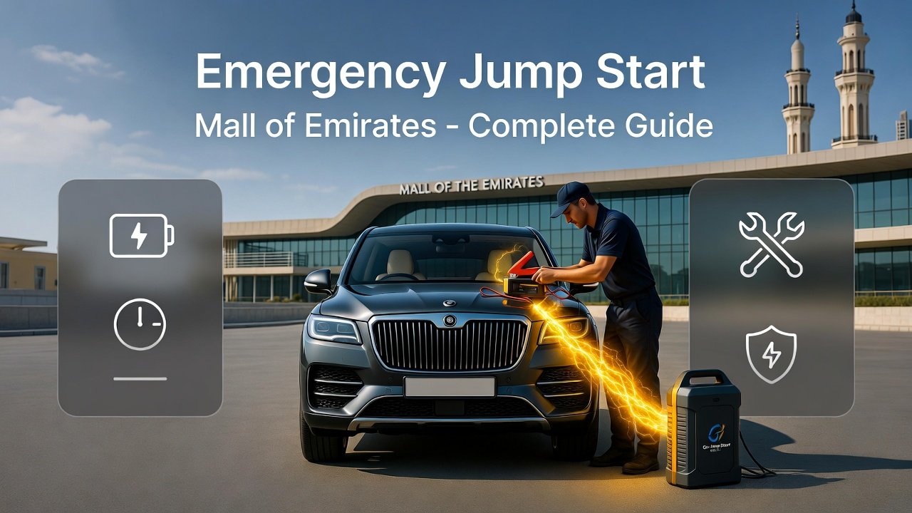 High-quality user guide illustration showing a professional performing an emergency car jump start on a luxury SUV at Mall of the Emirates, with animated electricity effects and space for bullet point tips on sides.