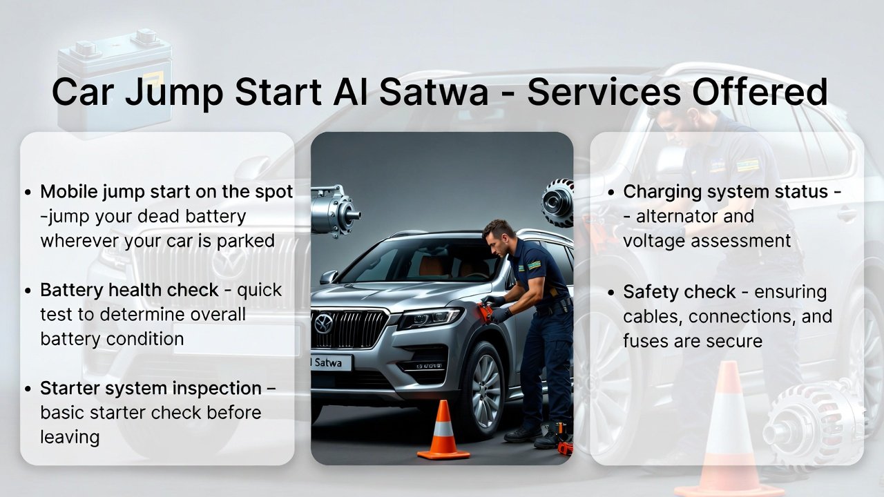 "Infographic showing Car Jump Start Al Satwa – Services Offered with title at top, key service points as side bullets, and animated-style roadside assistance technician servicing a luxury SUV in Al Satwa with icons for battery, starter, alternator, cables, and diagnostic tools."