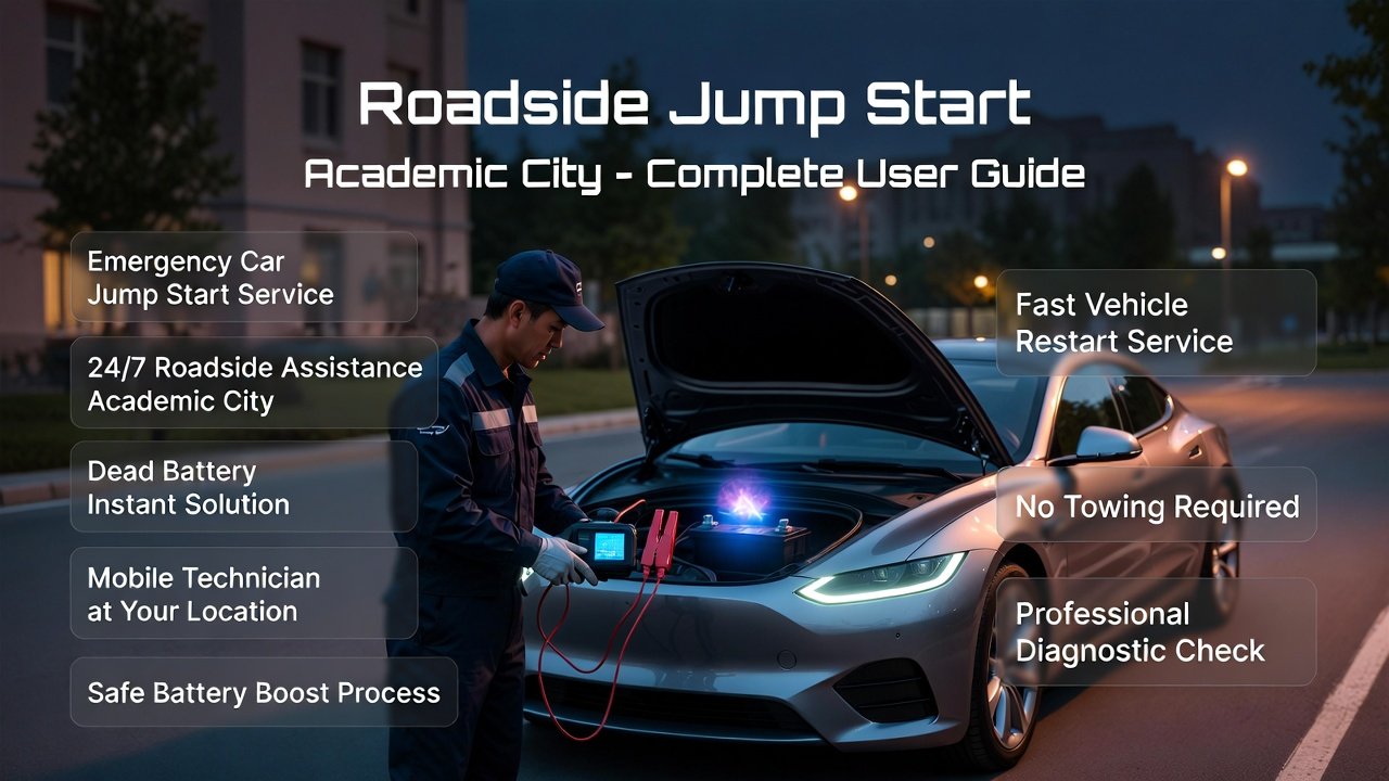 Professional roadside jump start service in Academic City showing a mobile mechanic boosting a dead car battery with a digital device, with infographic-style emergency service information displayed on both sides.