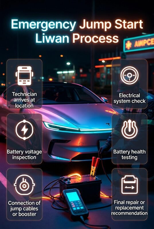 Infographic showing emergency jump start Liwan process including technician arrival, battery testing, jump start connection, and repair recommendation.