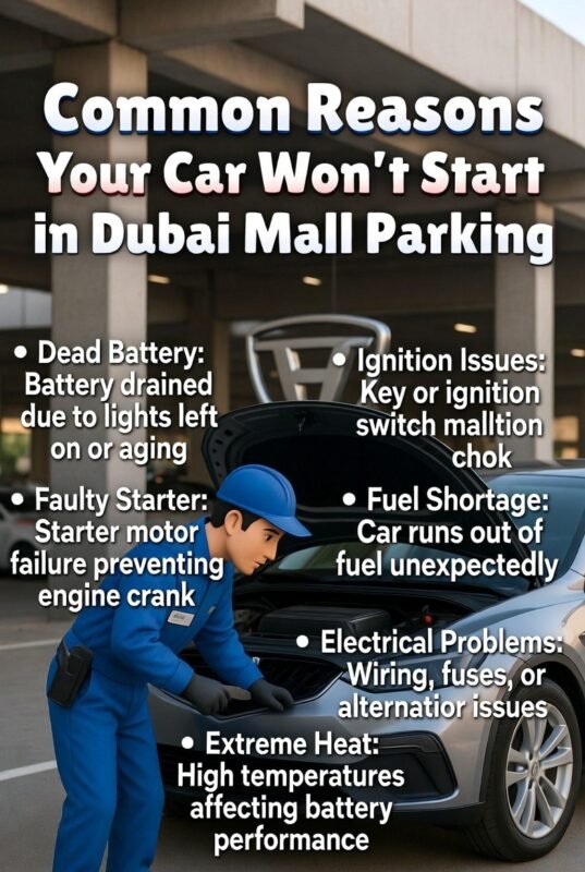 "Animated illustration showing a technician inspecting a car in Dubai Mall parking, with the title on top and common reasons for not starting displayed on the sides."
