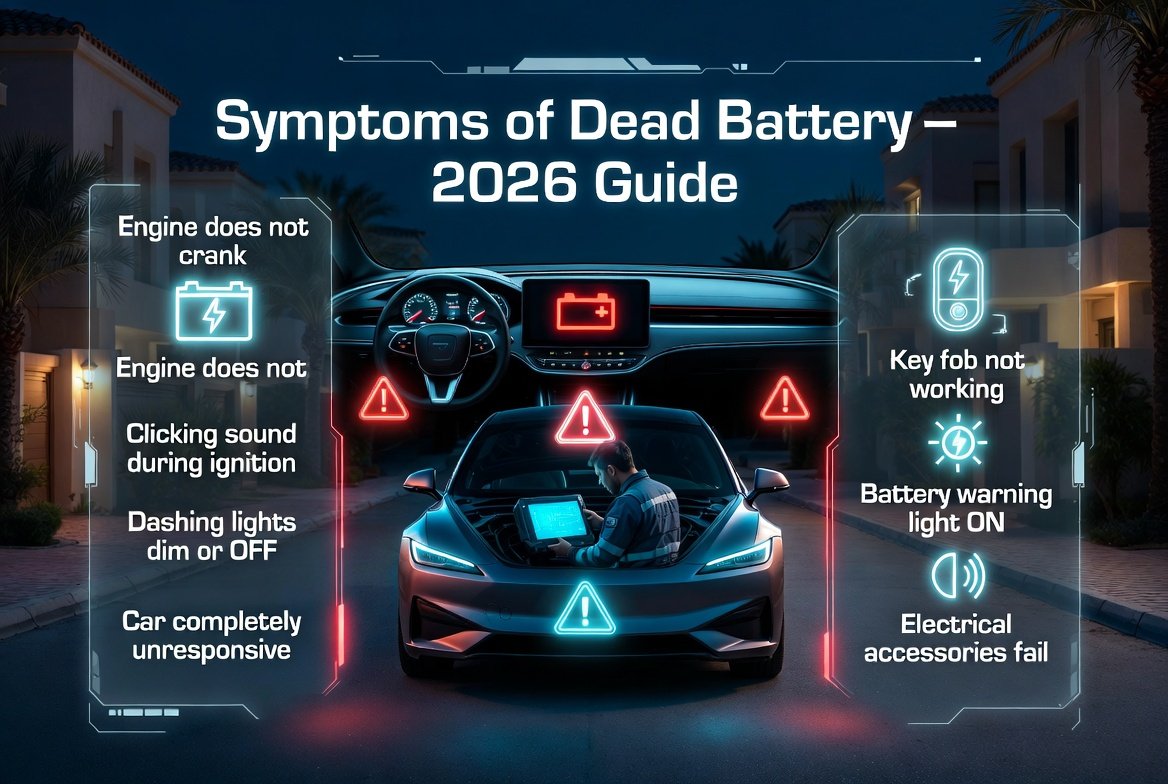 Car jump start Al Furjan Dubai 2026 infographic showing symptoms of dead battery including engine no start, dim lights, and electrical failure signs.