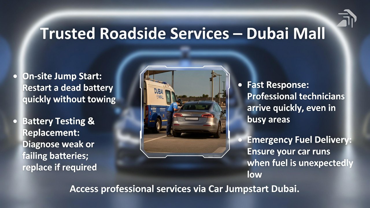 “Feature image showing top title, central roadside assistance vehicle or technician, and key trusted service points on sides in clean, animated style.”