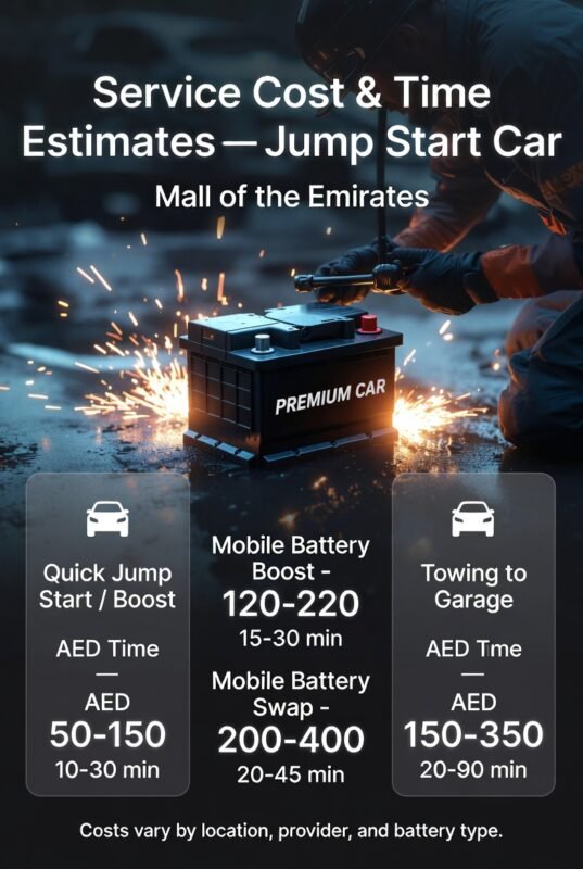 "Infographic titled 'Service Cost & Time Estimates — Jump Start Car Mall of the Emirates', showing central animated car battery or roadside technician, key service types with prices and time on sides, professional modern infographic design."
