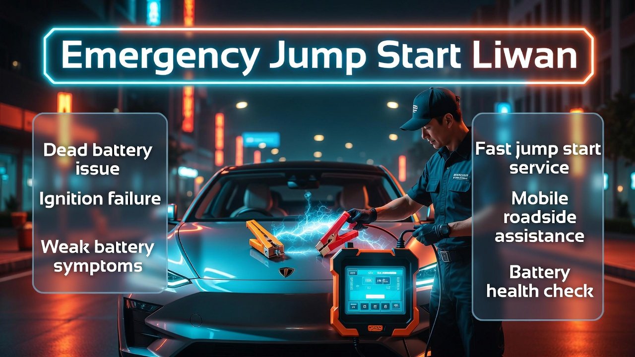 Emergency jump start Liwan infographic showing car battery failure, mobile mechanic service, and roadside assistance with structured side tips.