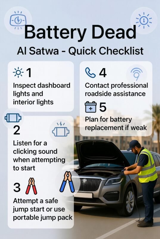 "Infographic showing Battery Dead Al Satwa – Quick Checklist with title at top, key steps as side bullets, and animated-style roadside assistance technician performing a jump start on a luxury SUV in Al Satwa with icons for dashboard lights, interior lights, starter click, jump cables, battery, and emergency call."