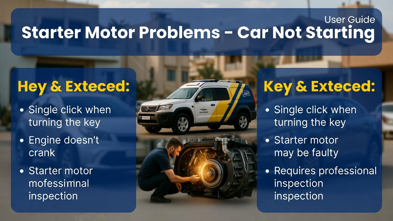 “Starter motor problems guide cover showing single click and no engine crank on sides, with branded roadside assistance vehicle and technician inspecting starter motor in center, animated professional style.”