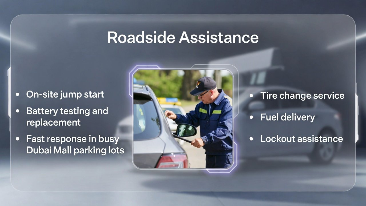 “Feature image showing top title, central roadside assistance vehicle or technician, and key service points on sides in clean, animated style.”
