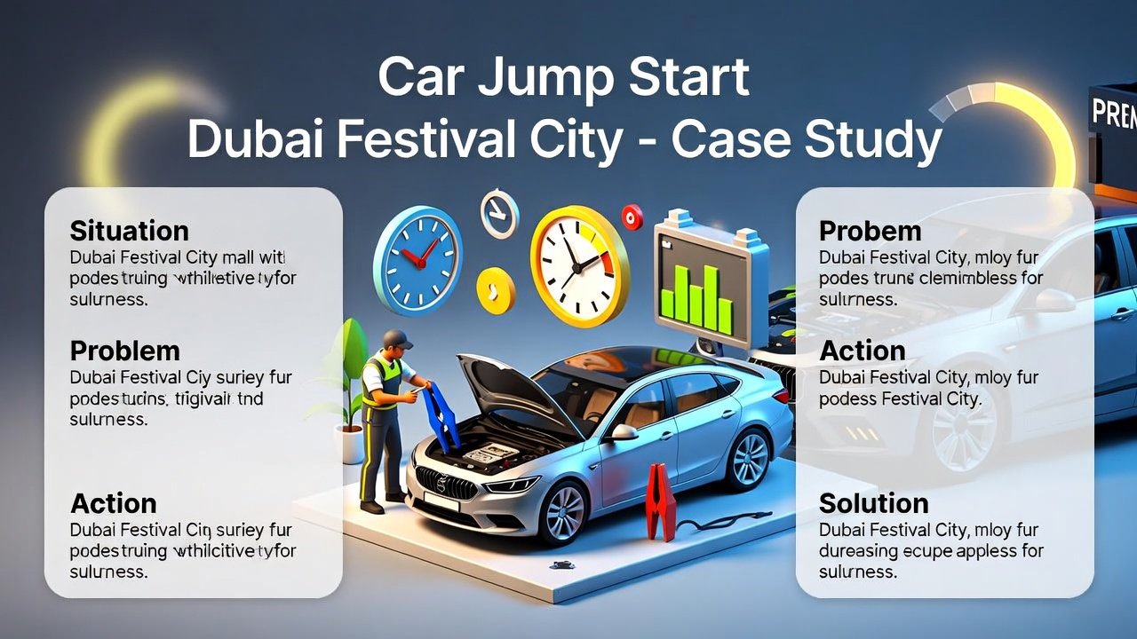Technician performing an on-site car jump start at Dubai Festival City mall with key case study points highlighted on sides