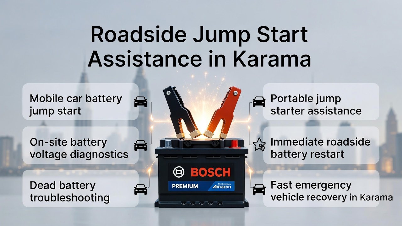 Infographic illustrating roadside jump start assistance in Karama, showing title at the top, key service points on both sides, and a glowing premium battery in the center.