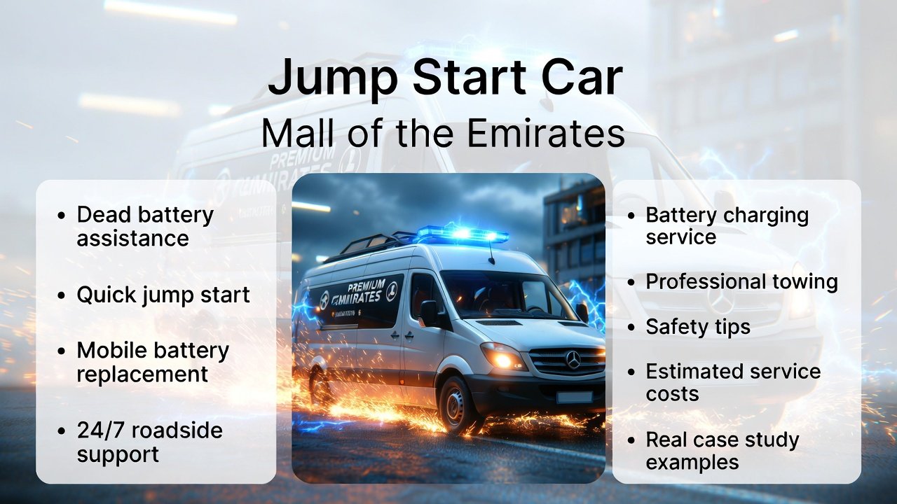 "Infographic image titled 'Jump Start Car Mall of the Emirates', featuring a central animated premium car battery with spark effects, key instructions and services on sides, modern professional user guide design."