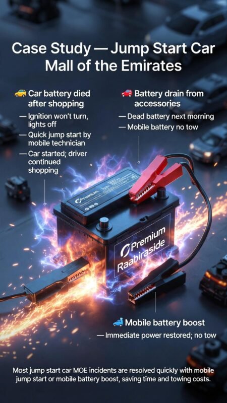 "Infographic titled 'Case Study — Jump Start Car Mall of the Emirates', showing central animated car battery or roadside technician, key incidents, symptoms, responses, and results on sides as bullet points, modern professional infographic design."