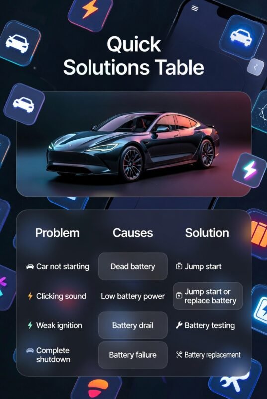 A modern quick solutions table showing car problems, causes, and solutions with a central car image and structured points in a futuristic user guide design.