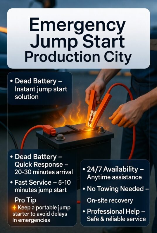 "Emergency jump start Production City guide showing a glowing car battery being jump-started with cables, technician assisting, and key service points listed on sides."